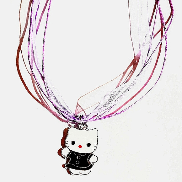 Hello Kitty Charm In Cute Black Dress On A Purple Layered Ribbon Necklace - Picture 2 of 7
